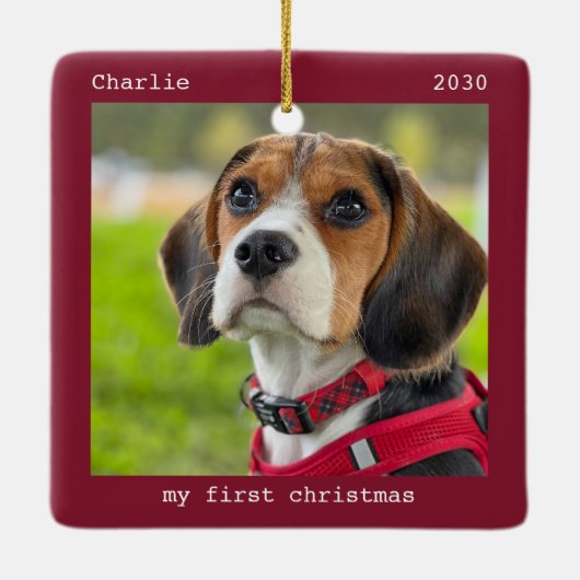 初めてのクリスマスパーソナライズされたペット犬の写真 セラミックオーナメント (裏面)