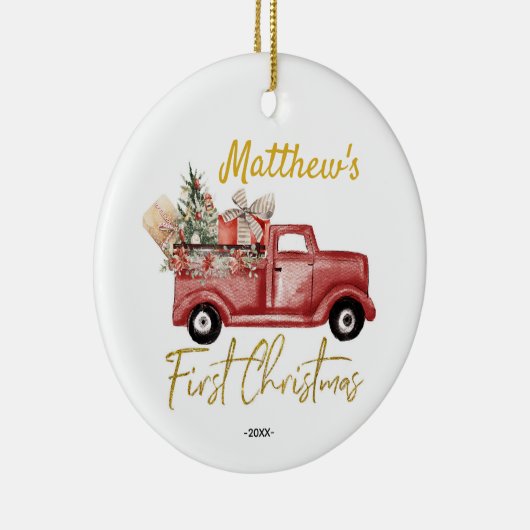 初めてのクリスマスパーソナライズされた男の赤ちゃんレッドトラック セラミックオーナメント (右)