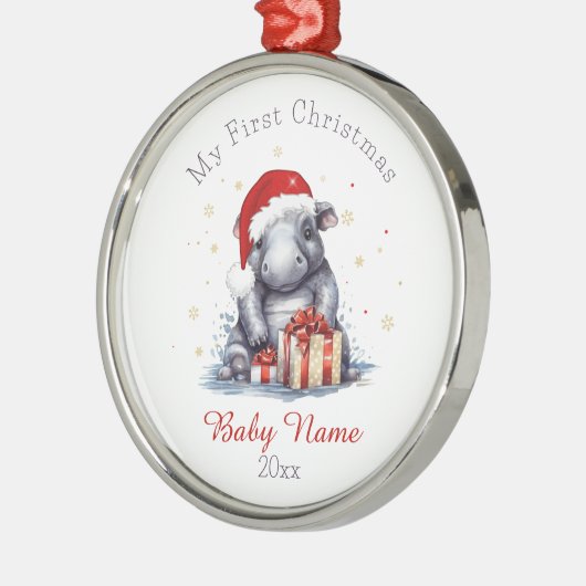 初めてのクリスマスヒッポタマス名前をカスタムするキープサケ メタルオーナメント (左)