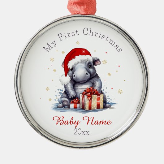 初めてのクリスマスヒッポタマス名前をカスタムするキープサケ メタルオーナメント (正面)