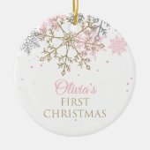 初めてのクリスマスピンクと金ゴールドグリッター雪片 セラミックオーナメント (正面)