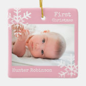 初めてのクリスマスピンクカスタム色のスノーフレーク写真 セラミックオーナメント (正面)