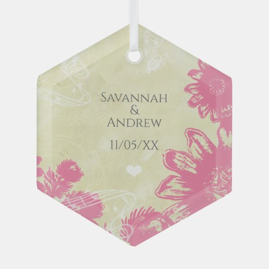 初めてのクリスマスピンクブルーガーベラデイジークリスマス ガラスオーナメント (正面)