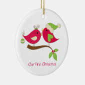 初めてのクリスマスピンク水玉模様ラブバードオンホリー セラミックオーナメント (右)
