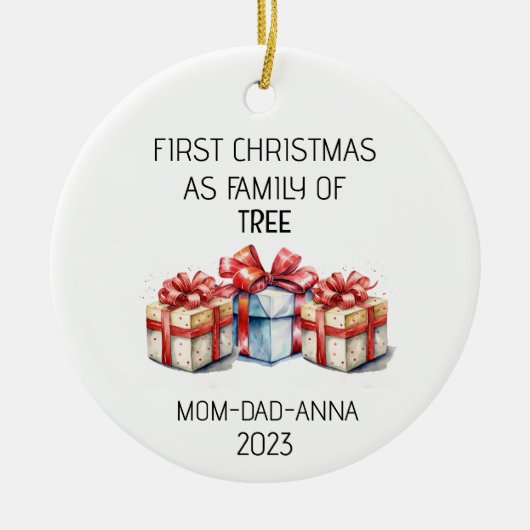 初めてのクリスマスファミリのツリープレゼント セラミックオーナメント (正面)