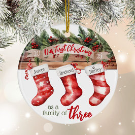 初めてのクリスマスファミリー3犬名ストッキング セラミックオーナメント