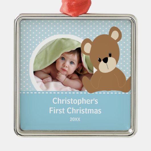 初めてのクリスマスフォトオーナメントかわいいベビーベアーボーイ メタルオーナメント (正面)