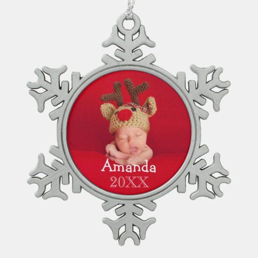 初めてのクリスマスフォトスノーフレークホリデーデコレーション スノーフレークピューターオーナメント (正面)