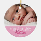 初めてのクリスマスフォトピンク セラミックオーナメント (正面)