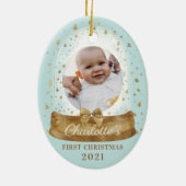 初めてのクリスマスブルーベビー写真&ネームスノングローブ セラミックオーナメント (裏面)