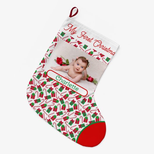 初めてのクリスマスベビーの写真と名前かわいい ラージクリスマスストッキング (正面 (吊り時))