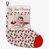 初めてのクリスマスベビーの写真と名前かわいい ラージクリスマスストッキング (正面)