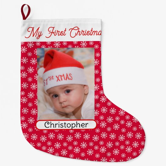 初めてのクリスマスベビーの写真名Boy Girl ラージクリスマスストッキング (正面)