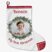 初めてのクリスマスベビーの写真（名前あり） ラージクリスマスストッキング (正面)