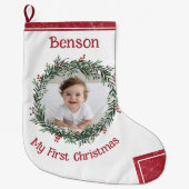 初めてのクリスマスベビーの写真（名前あり） ラージクリスマスストッキング (正面)