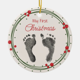 初めてのクリスマスベビーの足プリントリース セラミックオーナメント