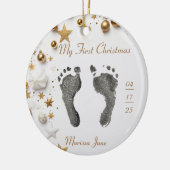 初めてのクリスマスベビーの足プリント名フォトスター セラミックオーナメント (左)