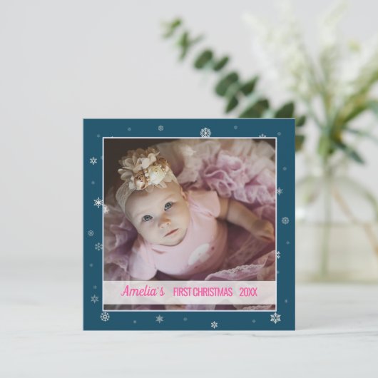 初めてのクリスマスベビーガールブルー雪片の写真 カード (スタンド正面)