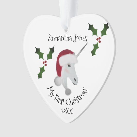 初めてのクリスマスベビーガールユニコーンカスタマイズハート オーナメント (正面)