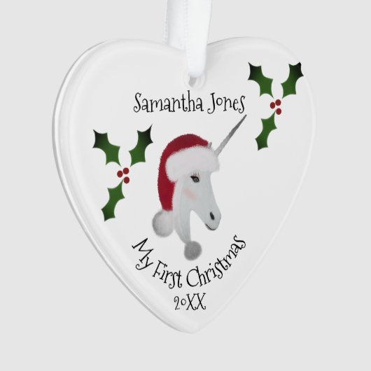 初めてのクリスマスベビーガールユニコーンカスタマイズハート オーナメント (正面)