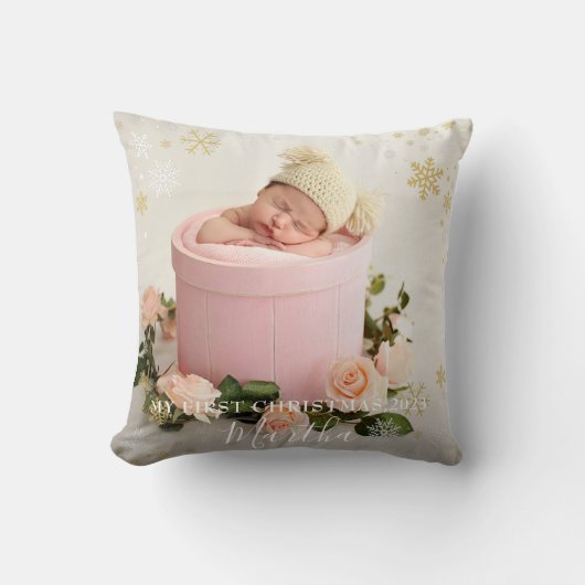 初めてのクリスマスベビーガール雪片フレームフォト クッション (正面)