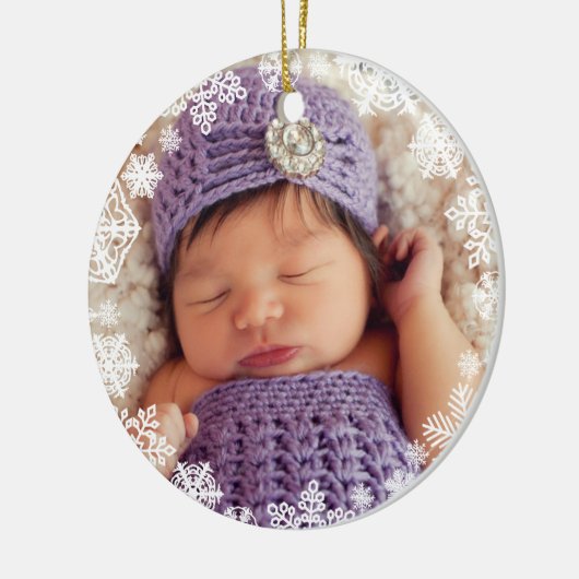 初めてのクリスマスベビーガール雪片フレームフォト セラミックオーナメント (左)