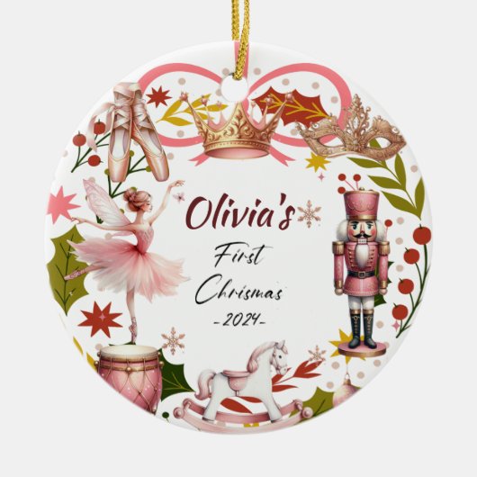 初めてのクリスマスベビーコケガーリーットピンク セラミックオーナメント (正面)