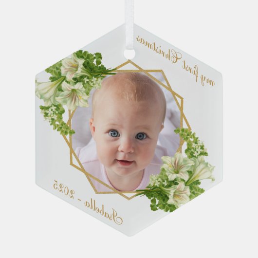 初めてのクリスマスベビーフォト金ゴールドホワイトリイ ガラスオーナメント (裏面)