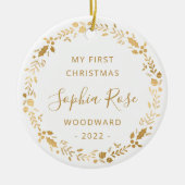 初めてのクリスマスベビーフォト金ゴールドリース セラミックオーナメント (正面)