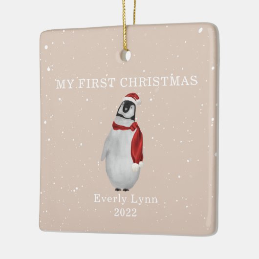 初めてのクリスマスベビーペンギンピンクスノー セラミックオーナメント (左)