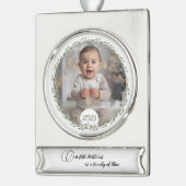 初めてのクリスマスベビー写真ピンクと青の木 シルバープレートバナーオーナメント (左)