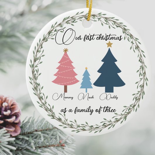 初めてのクリスマスベビー写真ピンクと青の木 セラミックオーナメント