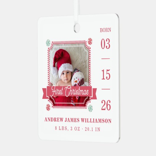 初めてのクリスマスベビー誕生統計フォトキャンディーケーン メタルオーナメント (正面左)