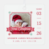 初めてのクリスマスベビー誕生統計フォトキャンディーケーン メタルオーナメント (正面)