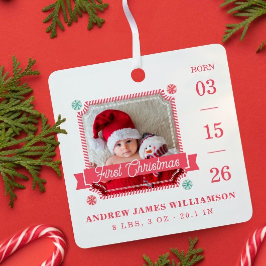 初めてのクリスマスベビー誕生統計フォトキャンディーケーン メタルオーナメント