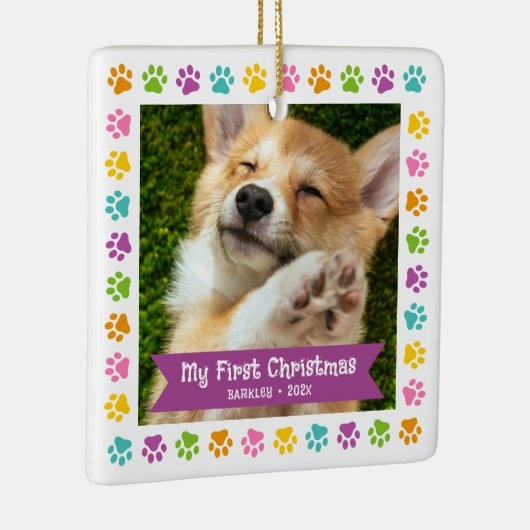 初めてのクリスマスペットの子犬の写真数々のの前景色 セラミックオーナメント (右)
