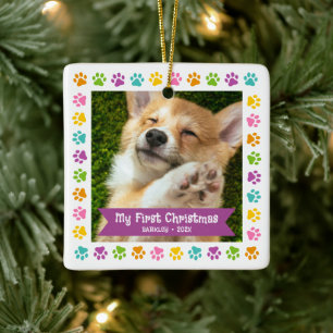 初めてのクリスマスペットの子犬の写真数々のの前景色 セラミックオーナメント