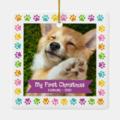 初めてのクリスマスペットの子犬の写真数々のの前景色 セラミックオーナメント (裏面)