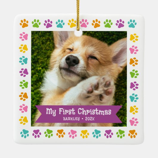 初めてのクリスマスペットの子犬の写真数々のの前景色 セラミックオーナメント (裏面)