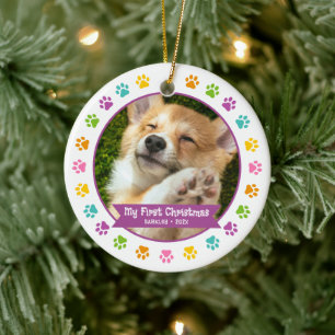 初めてのクリスマスペットの子犬数々のの写真の色の手 セラミックオーナメント
