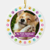 初めてのクリスマスペットの子犬数々のの写真の色の手 セラミックオーナメント (正面)