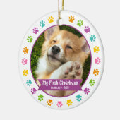 初めてのクリスマスペットの子犬数々のの写真の色の手 セラミックオーナメント (左)