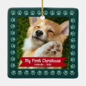 初めてのクリスマスペットパピーフォトポーズグリーンカスタム セラミックオーナメント (裏面)