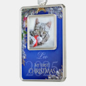 初めてのクリスマスペットフォトキープサケ、ブルーデコール – シルバープレートフレームオーナメント (左)