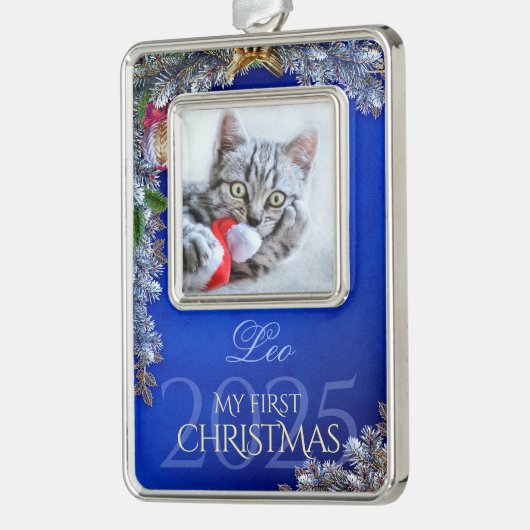 初めてのクリスマスペットフォトキープサケ、ブルーデコール –  シルバープレートフレームオーナメント (左)