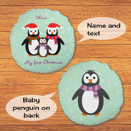 初めてのクリスマスペンギンカスタム文字両面 ラウンドクッション