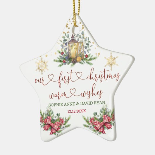 初めてのクリスマスホリデーパインボウランタン結婚ズ セラミックオーナメント (左)
