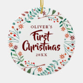 初めてのクリスマスホリデーフローラベビー写真 セラミックオーナメント (正面)
