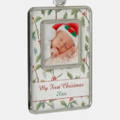 初めてのクリスマスホリーとカスタム写真 シルバープレートフレームオーナメント (右)