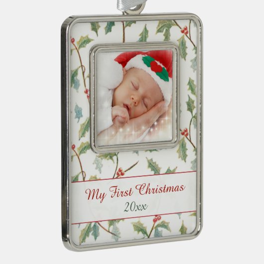 初めてのクリスマスホリーとカスタム写真 シルバープレートフレームオーナメント (右)